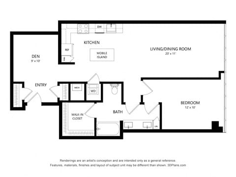 Floor plan for 1 bed, 1 bath, 1033 sqft